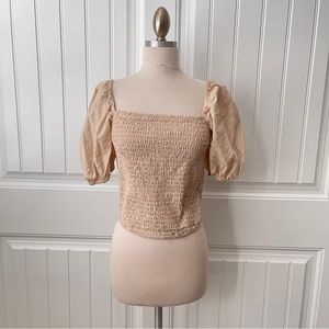 Abercrombie & Fitch Beige Smocked Puff Sleeve Blouse